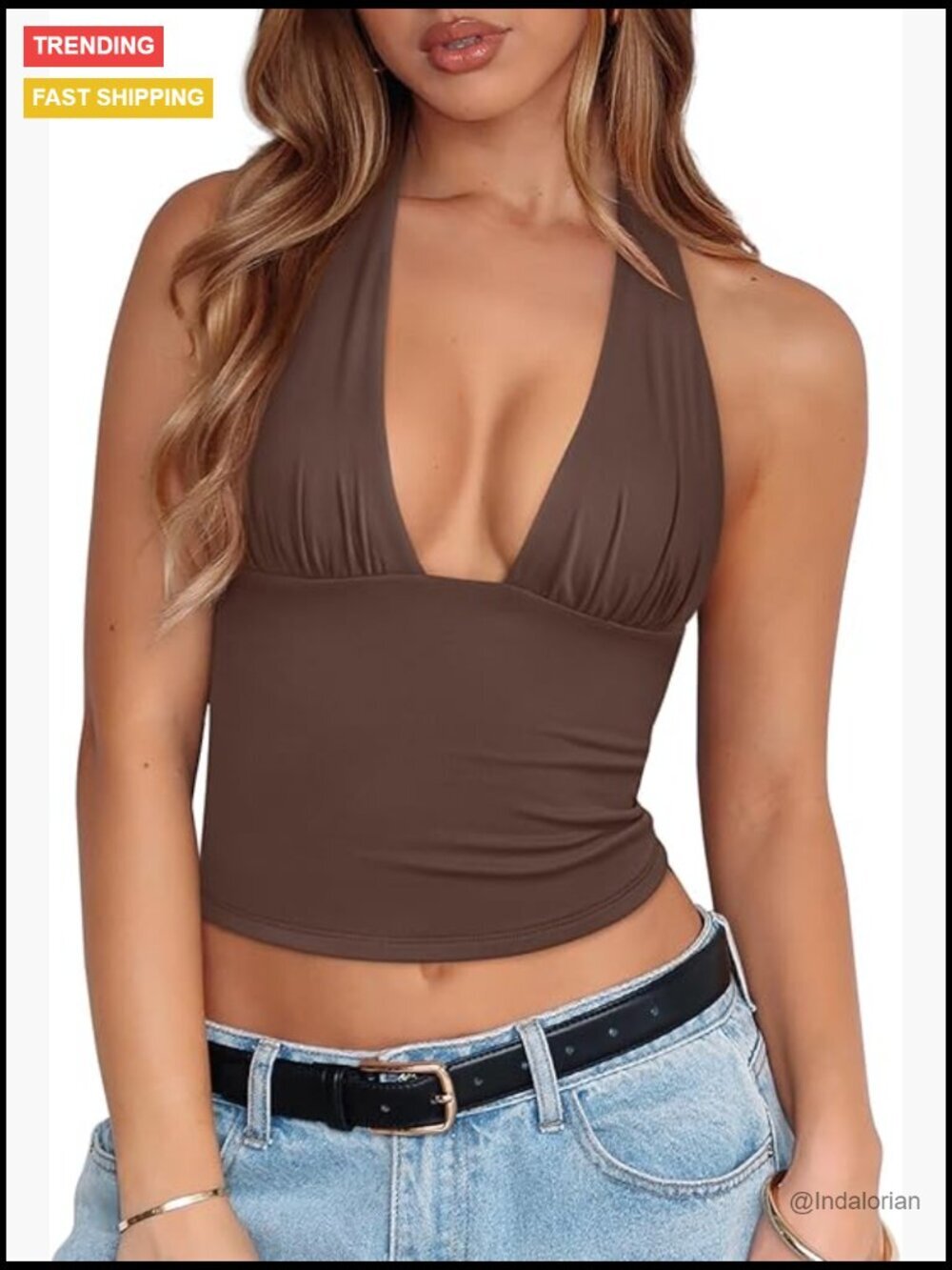 Women's Halter Top Plunge Neck Backless Double Lined Crop Top Summer Outfit 2025